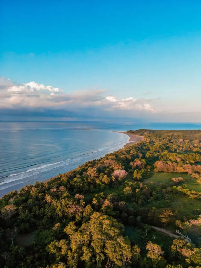 aerial view of lush green coastline and ocean in Costa Rica