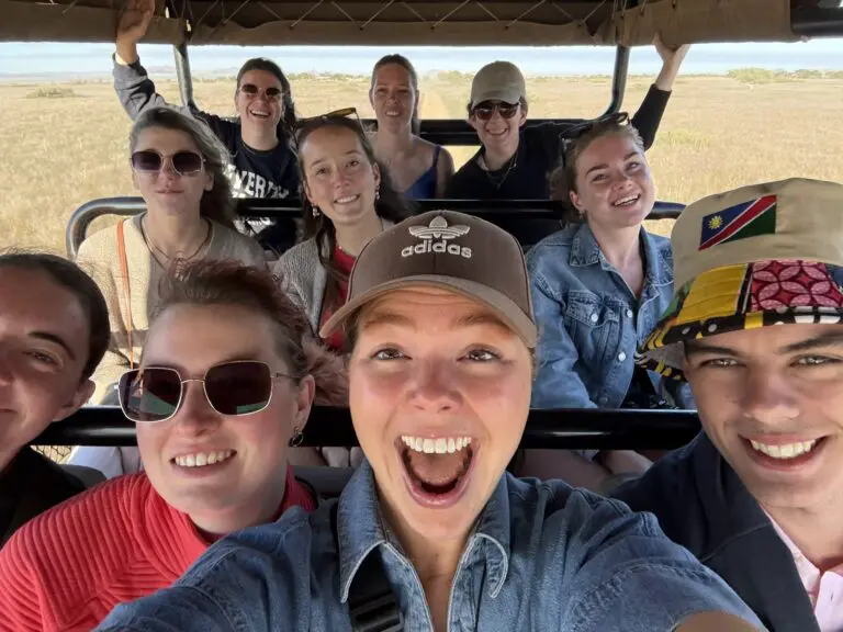 group of friends on a safari game drive in Namibia