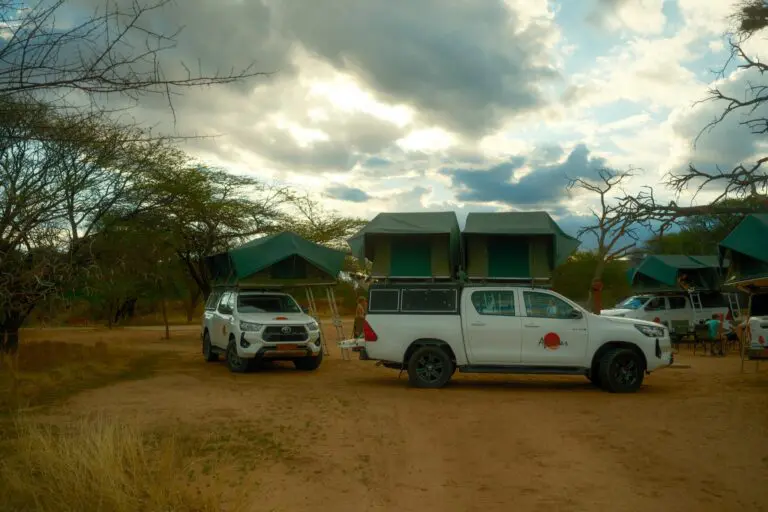 rooftop tents on safari vehicles at a campsite in Namibia